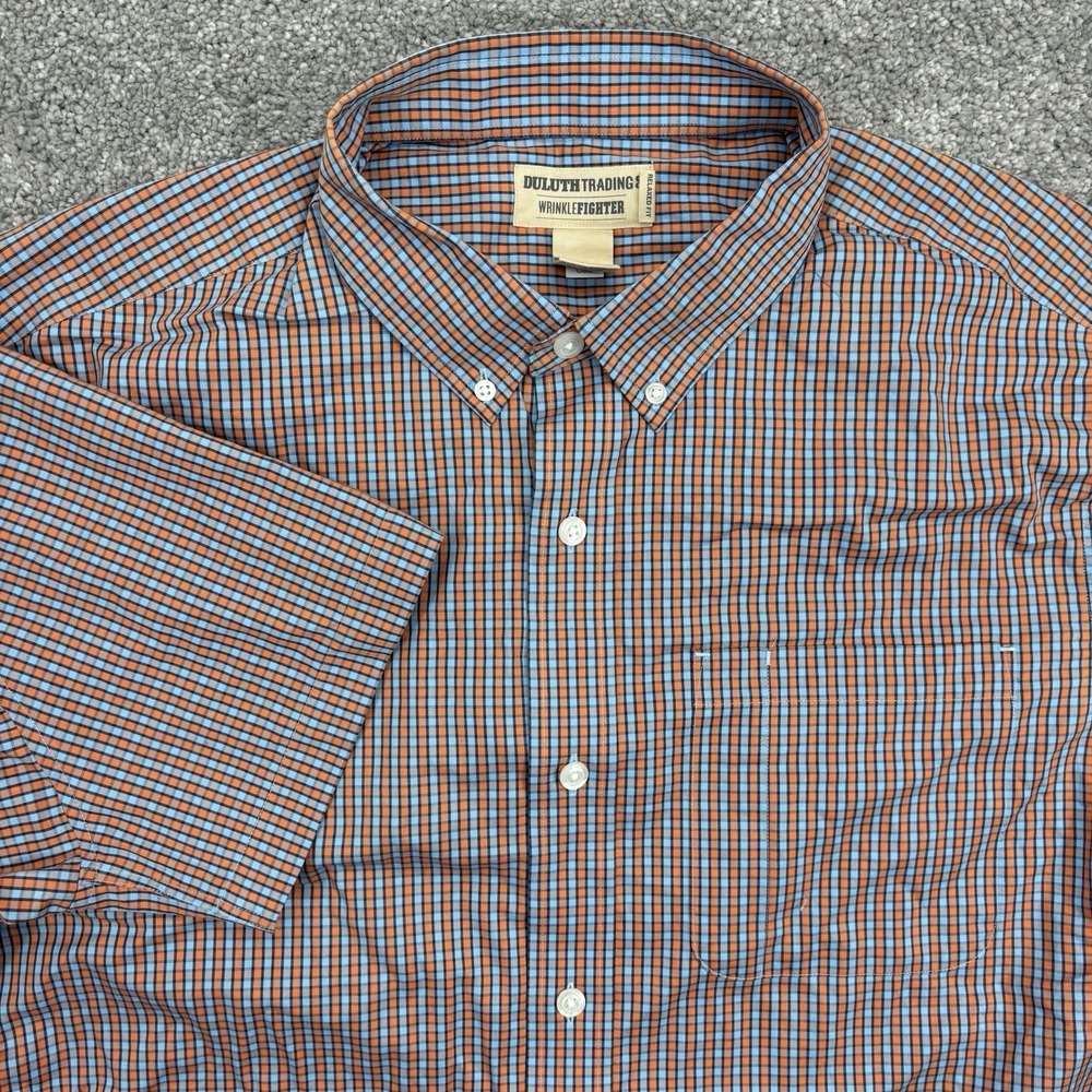 Duluth Trading Shirt Mens Large Plaid Orange Wrinkle Fighter Button Up Relaxed